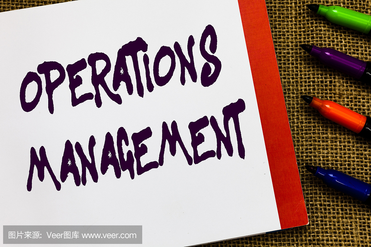 手寫文字操作管理。概念意義確保輸入輸出生產和供應打開筆記本頁黃麻背景彩色標記表達想法。